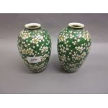 Pair of Chinese baluster form porcelain vases decorated with flowers on a green ground