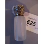White opaque stone cylindrical perfume bottle with ornate white metal screw top, 5.