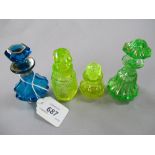 Group of four various 19th Century glass perfume bottles with stoppers in blue, yellow and green, 5.