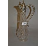 London silver mounted cut and blown glass claret jug with hinged cover and loop handle