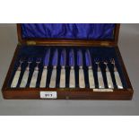 Cased set of six silver plated fruit knives and forks with mother of pearl handles