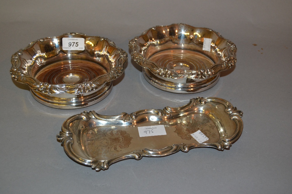 Pair of 19th Century plated on copper and wooden bottle coasters together with a silver plated