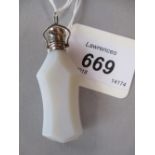 Opaque white glass faceted perfume bottle with plain hinged lid and loop attachment, 5.