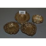 Set of six miniature sterling silver dishes,