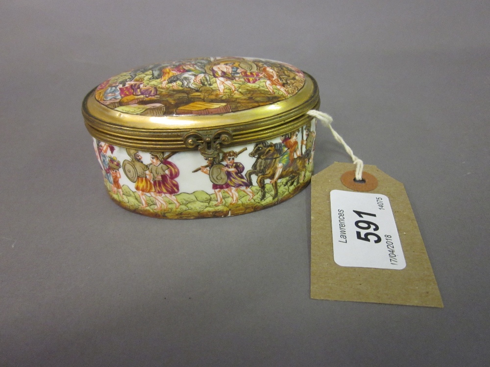 Naples porcelain and gilt metal mounted oval box decorated in low relief with classical figures in