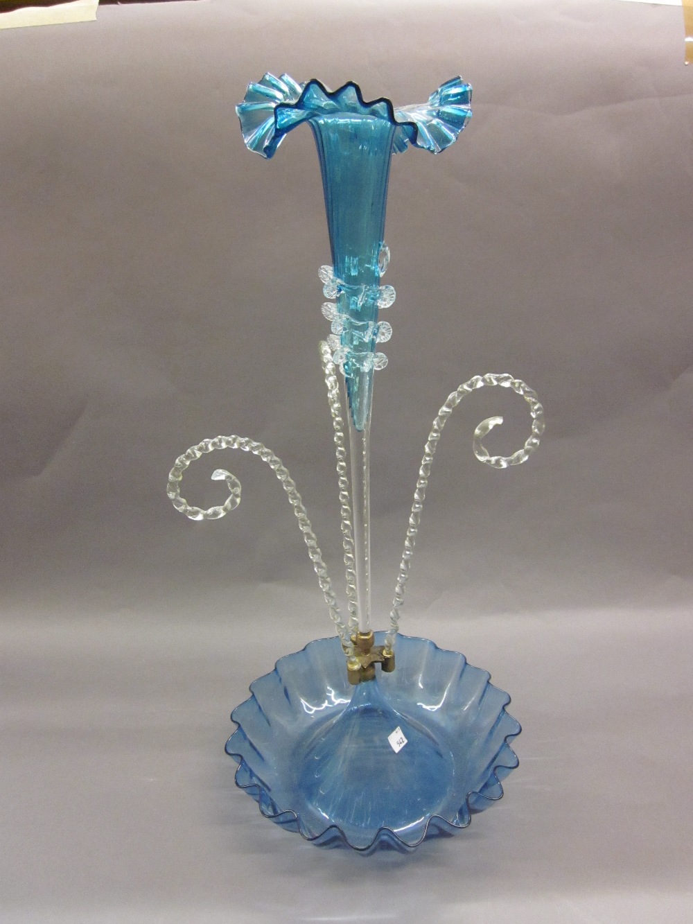 Clear glass three stem epergne with frilled edges and mirrored base together with a Victorian pink - Image 2 of 2