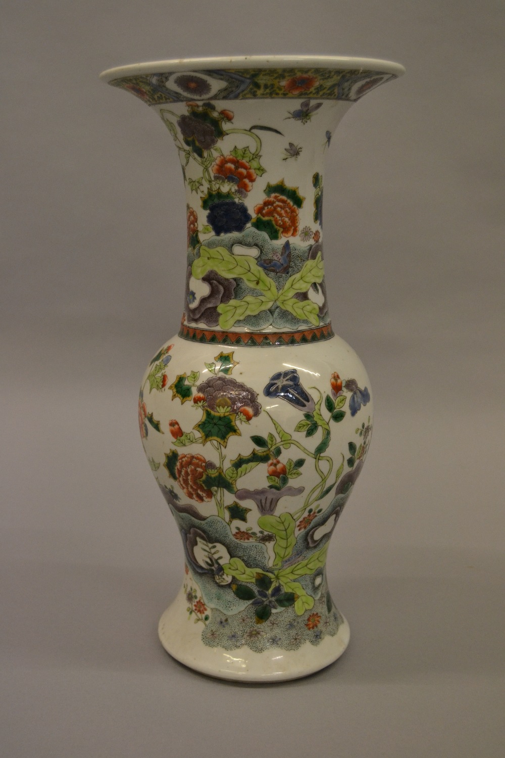 Chinese famille vert vase of yen yen form painted with an all-over design of birds and flowers,