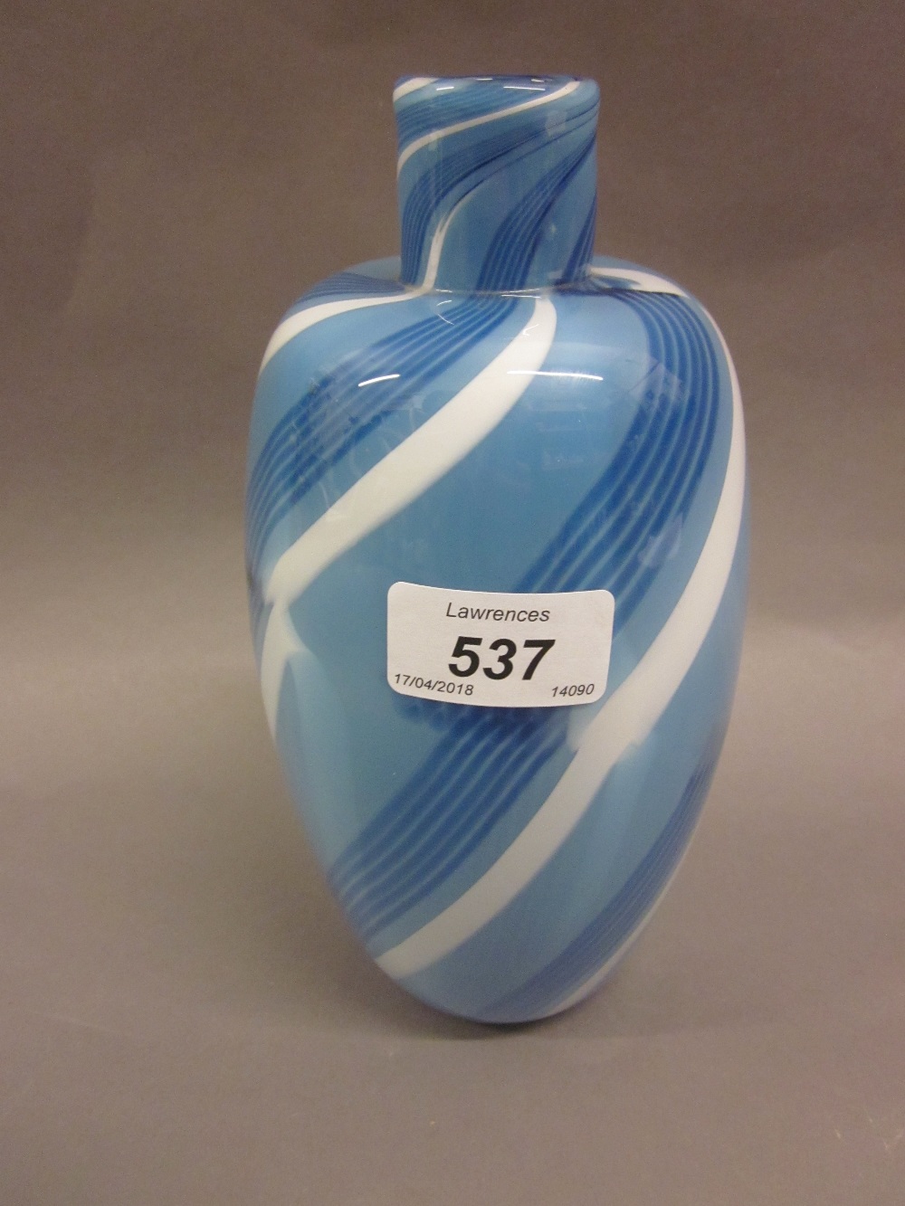 Blue and white opaque Art Glass baluster form vase,