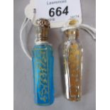 Continental blue glass and gilt decorated perfume bottle with a white metal lid, 6.