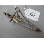 Unusual dagger shaped faceted glass scent bottle with silver plated mounts and attached chain and