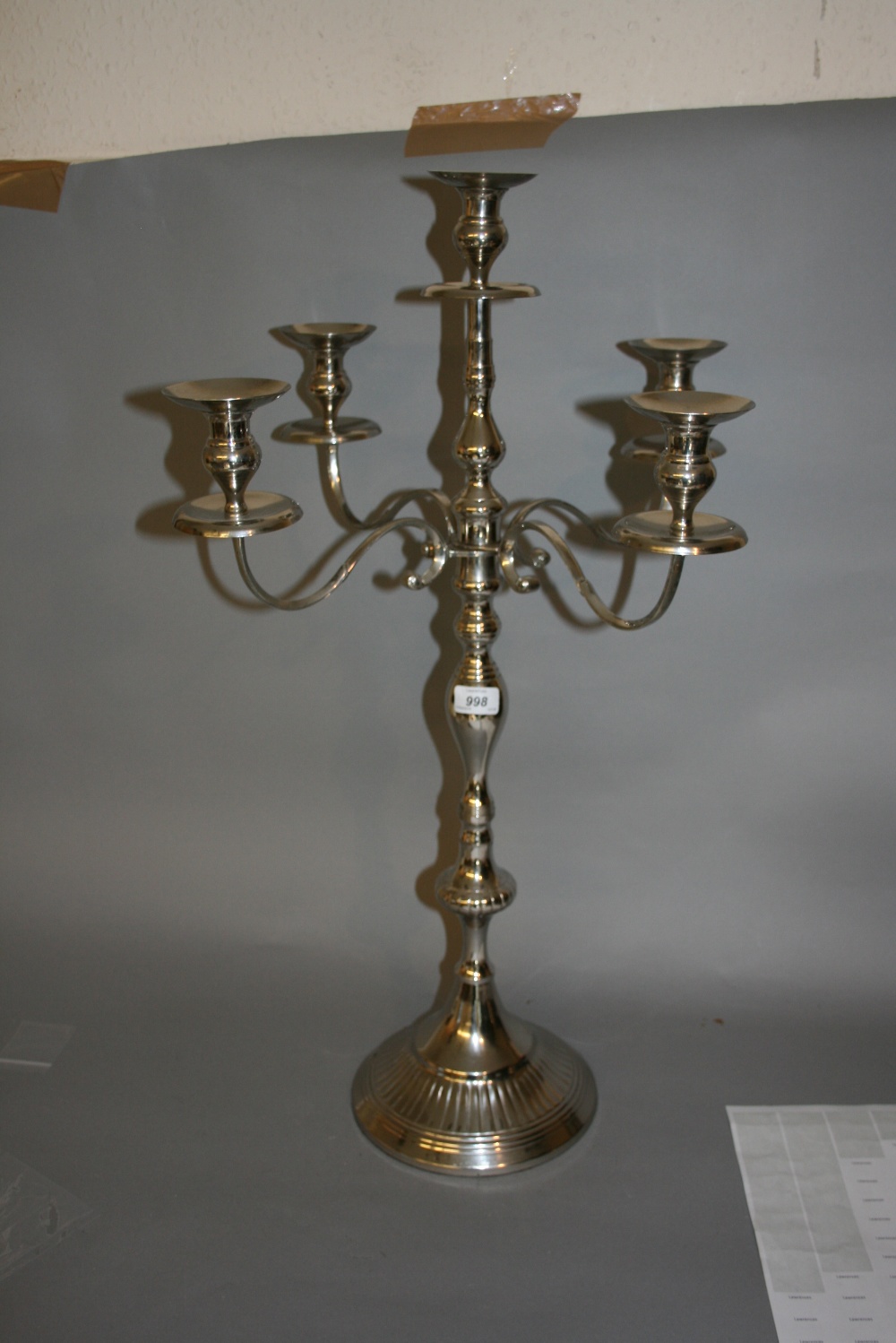 Large nickel plated floor standing five branch candelabra