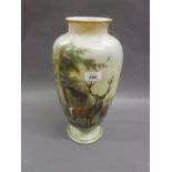 Large 19th Century baluster form opaque glass vase painted with stag within a landscape,