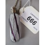 Amethyst / white stripe spiral design French perfume bottle with hinged white metal lid and stopper,