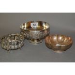 Small Burmese white metal bowl and a similar miniature bowl together with a similar pedestal bowl