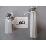 White / clear striped overlay perfume bottle with ornate white metal top and stopper, 8.