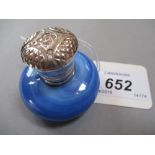 Blue opaque vinaigrette with an ornate white metal hinged lid enclosing a pierced inner grill, 3.