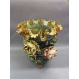 Large 19th Century Majolica jardiniere, floral encrusted and relief moulded with deer,