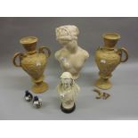 Composition bust of a lady, pair of Continental pottery two handled vases (at fault),