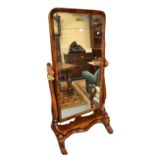 19th Century mahogany cheval mirror on shaped supports with brass candle sconces