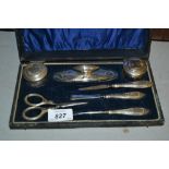 Cased Birmingham silver mounted seven piece manicure set