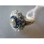 18ct Yellow gold diamond and sapphire target style ring