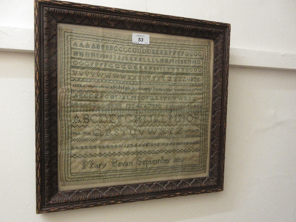 19th Century alphabet needlework sampler by Mary Bevan, 1826, 13ins x 13ins,