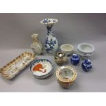 Seven various oriental porcelain and pottery jardinieres,