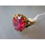 Victorian 22ct yellow gold ring set large red cushion shaped stone