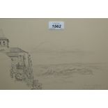 R.G. Searight, pencil sketch, Chateau Castelnaud, signed with initials and dated 1962, 9.5ins x 12.