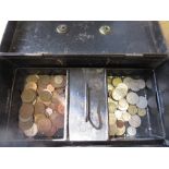 Antique cash tin containing quantity of various pre-decimal and World coins