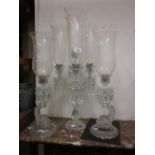 Glass four branch candelabra storm lamp with etched glass shades,