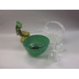 20th Century Art Glass bowl of green mottled design together with a large cut glass basket form