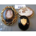 19th Century oval carved shell cameo brooch together with a cameo memorial brooch and another