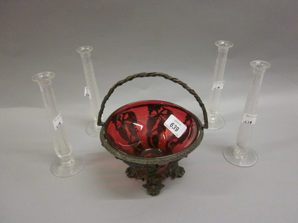 Set of four 19th Century etched glass specimen vases together with a cranberry glass and metal