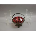 Set of four 19th Century etched glass specimen vases together with a cranberry glass and metal