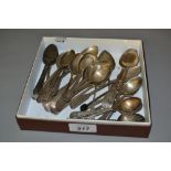 Tray containing a quantity of various antique silver tea and coffee spoons