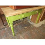 Victorian green painted pine two drawer side table together with a small Victorian kitchen table