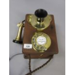 Early 20th Century wooden and brass wall mounting telephone with original box and brass fittings
