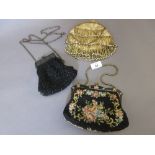 Beadwork evening purse on chain together with two other evening purses