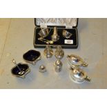 Cased three piece silver condiment set together with eight other various small silver condiments