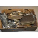 Box containing a quantity of various silver plated items including cocktail shaker,