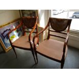 Pair of mahogany cane back open elbow chairs with floral painted decoration,