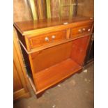 Small reproduction yew wood open bookcase with two drawers,