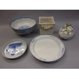 Chinese blue and white bowl (restored), two similar smaller bowls,