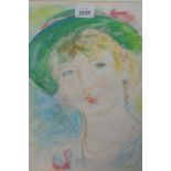 20th Century crayon portrait of a lady wearing a green bonnet, signed indistinctly, 16ins x 11ins,