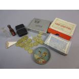 Box of spade half guinea gaming counters together with a quantity of miscellaneous items