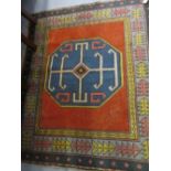 Modern Turkish rug having central hooked medallion with multiple borders on red and blue ground, 3.