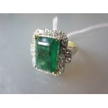 18ct Yellow gold large emerald and diamond cluster ring, the emerald approximately 6.