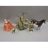 Royal Doulton figure of a horse, a Goebel figure of a bird, Continental figure of a trumpet player,