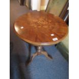 19th Century circular walnut marquetry inlaid pedestal table on tripod support